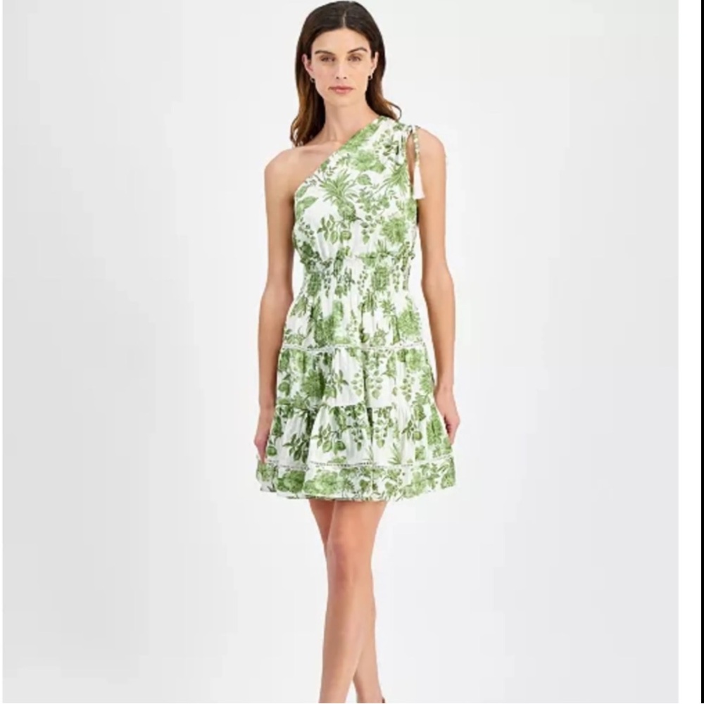 Taylor One-Shoulder White and Green Floral Tiered Mini Dress Zimmerman style